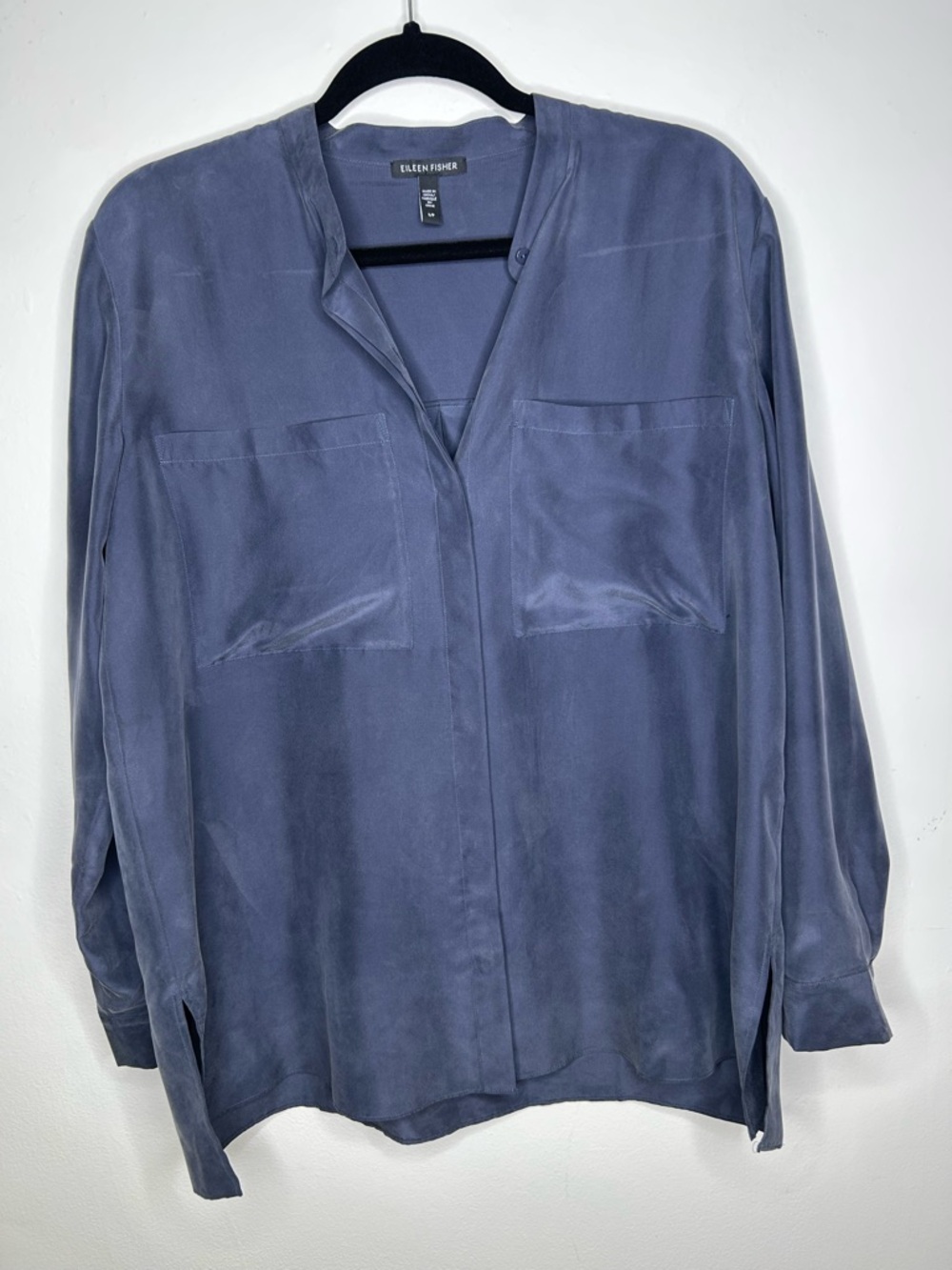 Eileen Fisher long sleeves navy blue silk blouse size small